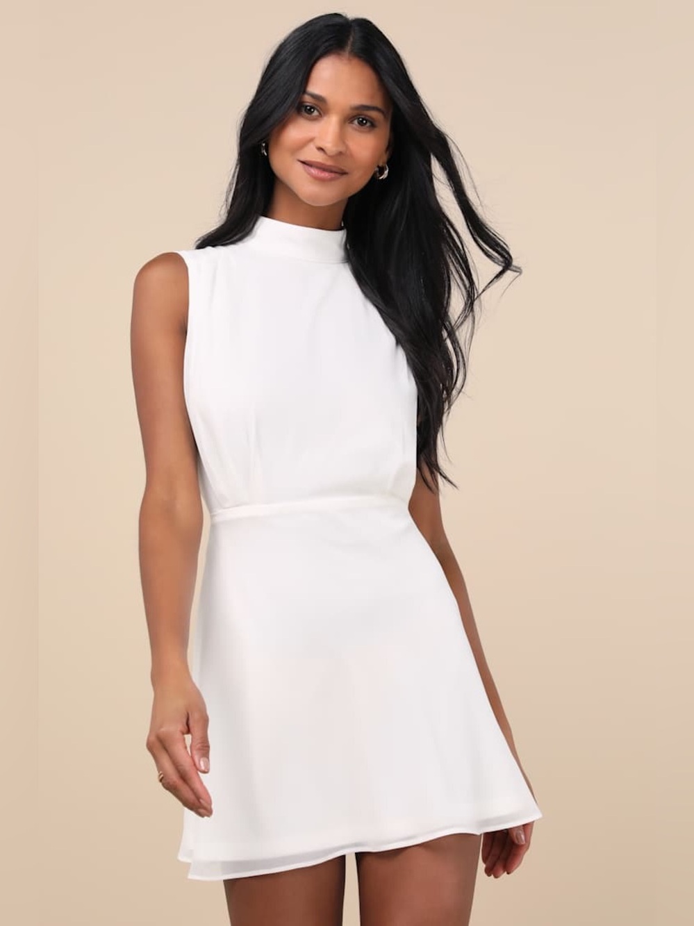 Lulus Classic Elegance White Chiffon Sleeveless Mock Neck Mini Dress